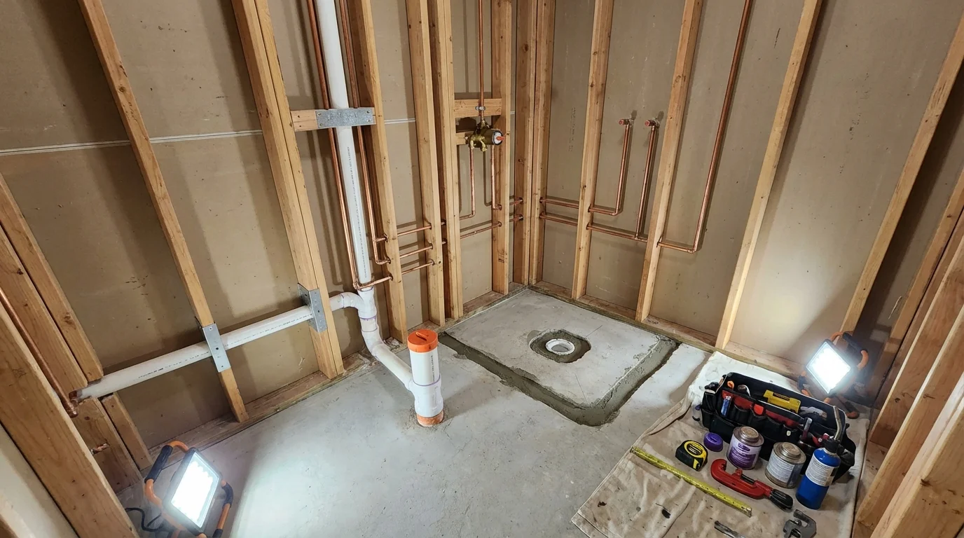 Bathroom rough-in plumbing during remodel by Johns Plumbing LLC in Tiltonsville