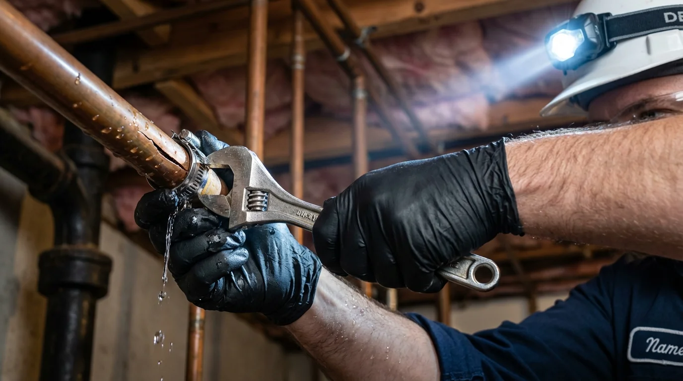 Emergency pipe clamp repair being performed by a Johns Plumbing LLC plumber in Tiltonsville