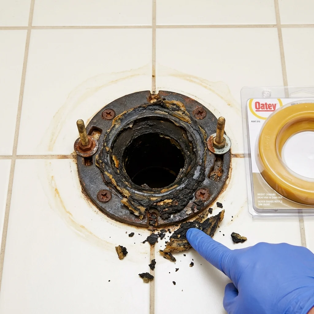 Failed wax ring showing water seepage at the base of a toilet in a Tiltonsville, OH home