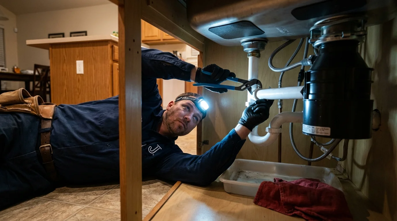 P-trap and supply line connections under a kitchen sink showing a common leak point in Tiltonsville, OH